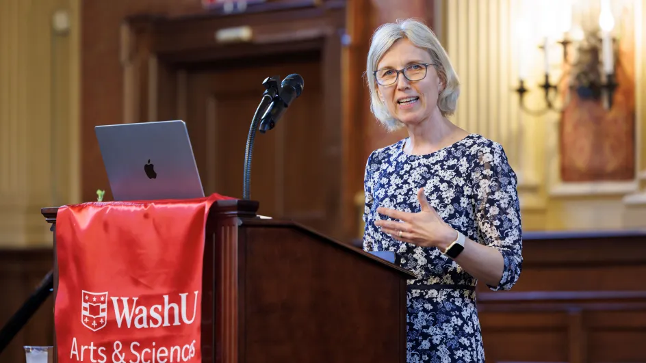 Photo of Margit Tavits giving a speech