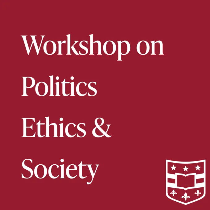 Workshop on politics, ethics, and society in white on a crimson background