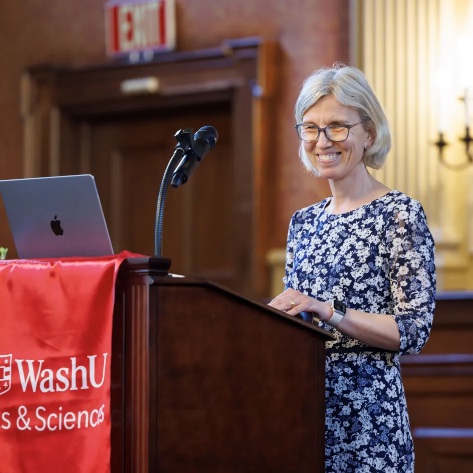 Photo of Margit Tavits giving a speech